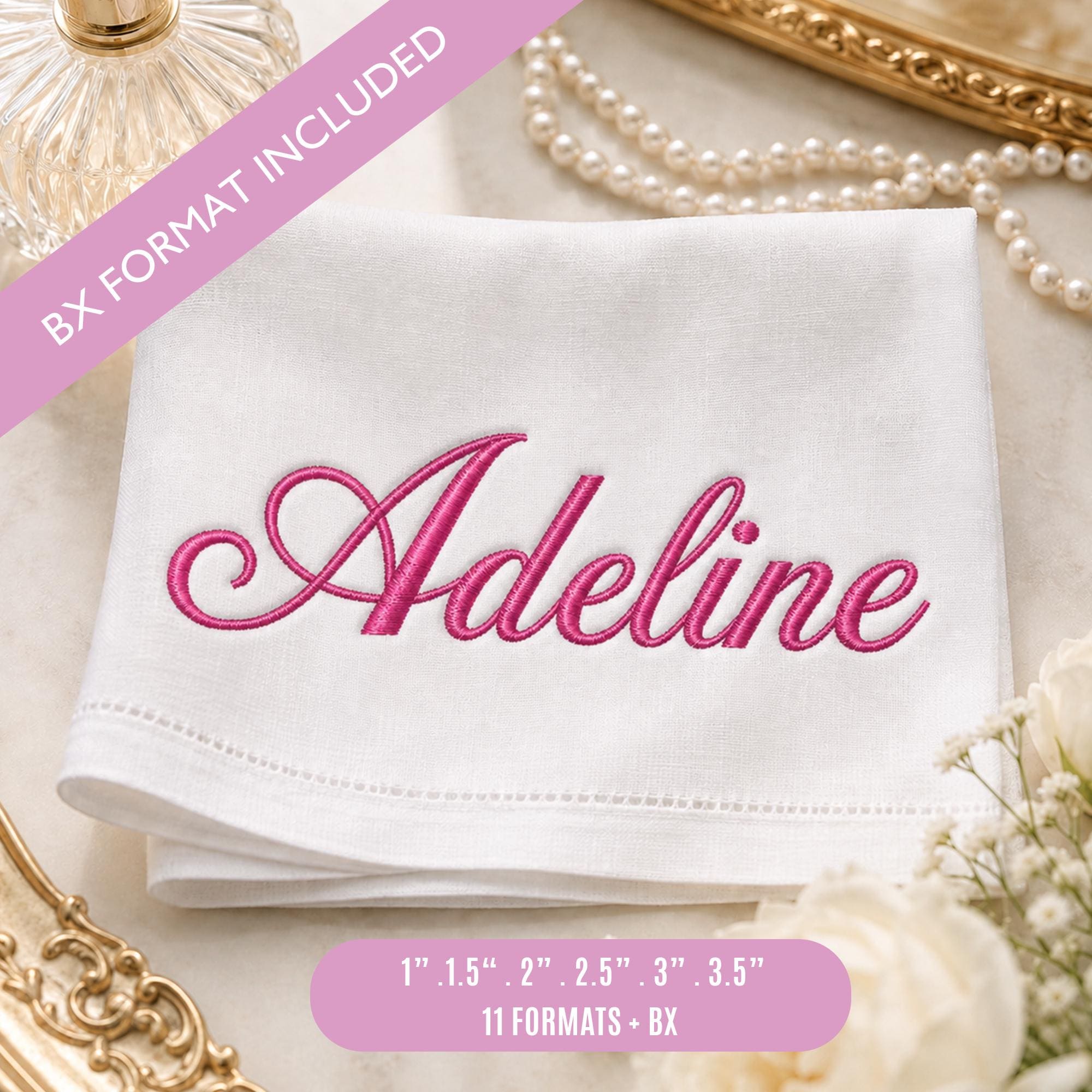 Adeline Bridal Script Embroidery Font, Wedding Cursive Ma… embroidery font sample