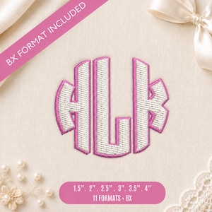 May include: An embroidered monogram featuring the letters HLK in a circular style with white thread and a bright pink border. A pink diagonal banner displays the text BX FORMAT INCLUDED, and a pink label lists sizes 1.5", 2", 2.5", 3", 3.5", 4".