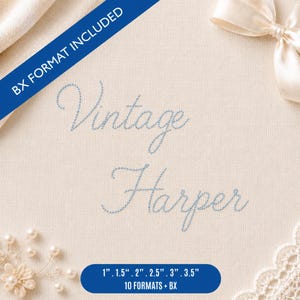 May include: An embroidery design featuring the word Vintage Harper in a light blue script font. A blue diagonal banner reads BX FORMAT INCLUDED. A blue horizontal banner at the bottom lists sizes 1 inch, 1.5 inches, 2 inches, 2.5 inches, 3 inches, 3.5 inches, 10 formats plus BX.