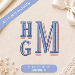 May include: An embroidery design featuring the letters H, G, and M in blue and pink thread. A blue banner states BX FORMAT INCLUDED, and a blue label lists sizes 2.54 cm, 3.81 cm, 5.08 cm, 6.35 cm, and 7.62 cm with 11 formats.