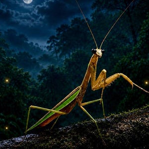May include: A brown and green praying mantis with long antennae and large dark eyes, perched on a textured, mossy tree branch. The insect is positioned in a forest setting at night, with a full moon and glowing fireflies visible in the background.