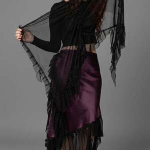 Whimsigoth Dark Purple Satin Skirt with Black Mesh Ruffles | Gothic Alt Fashion Asymmetrical Midi Skirt | Custom Size Handmade Witchy Skirt image 2