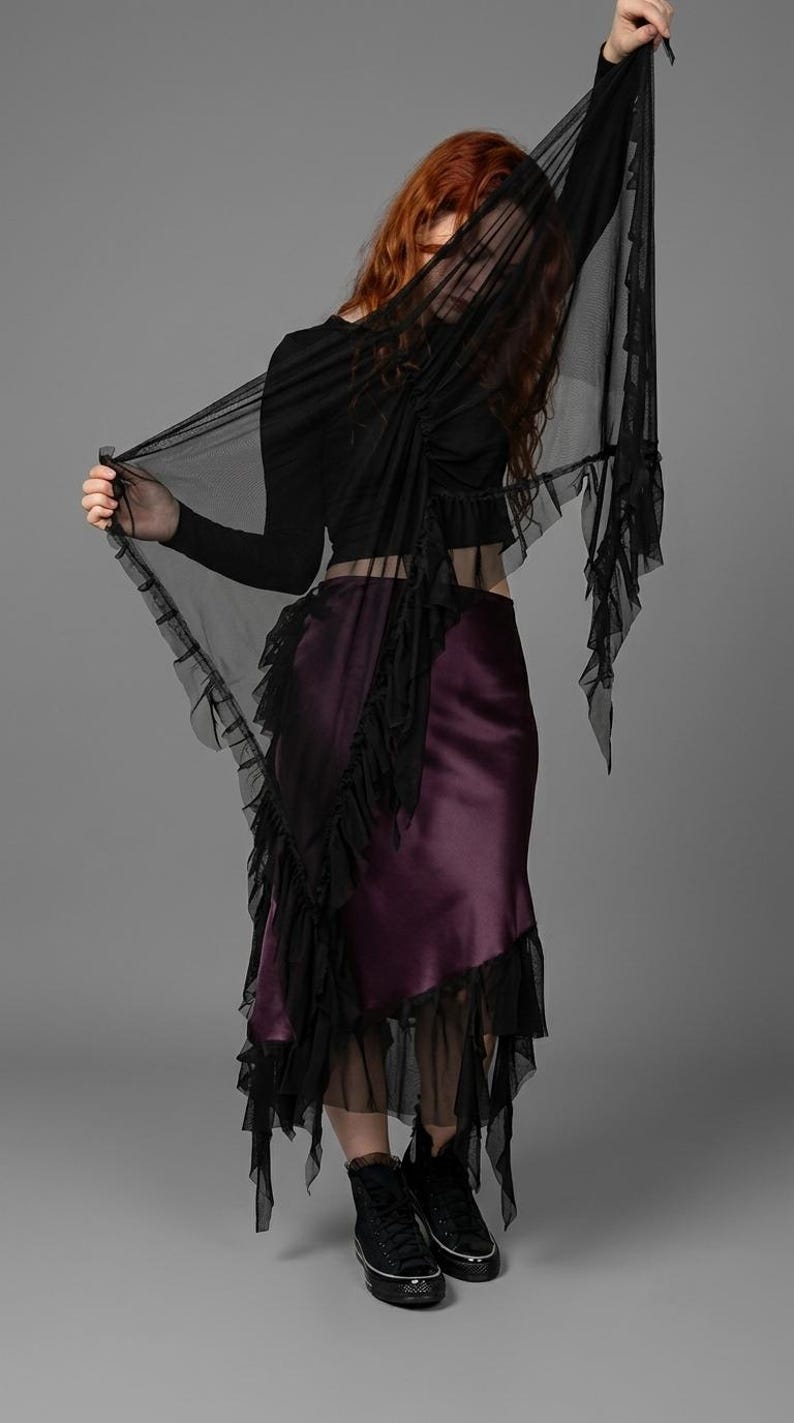 Whimsigoth Dark Purple Satin Skirt with Black Mesh Ruffles | Gothic Alt Fashion Asymmetrical Midi Skirt | Custom Size Handmade Witchy Skirt image 2
