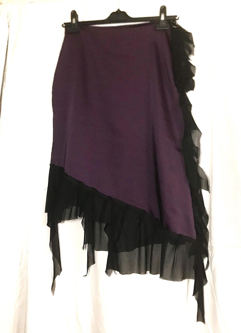 Whimsigoth Dark Purple Satin Skirt with Black Mesh Ruffles | Gothic Alt Fashion Asymmetrical Midi Skirt | Custom Size Handmade Witchy Skirt image 9
