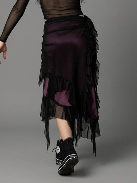 Whimsigoth Dark Purple Satin Skirt with Black Mesh Ruffles | Gothic Alt Fashion Asymmetrical Midi Skirt | Custom Size Handmade Witchy Skirt