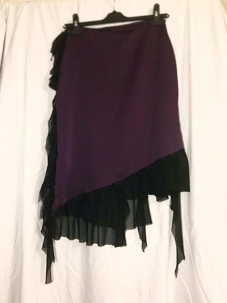 Whimsigoth Dark Purple Satin Skirt with Black Mesh Ruffles | Gothic Alt Fashion Asymmetrical Midi Skirt | Custom Size Handmade Witchy Skirt image 8