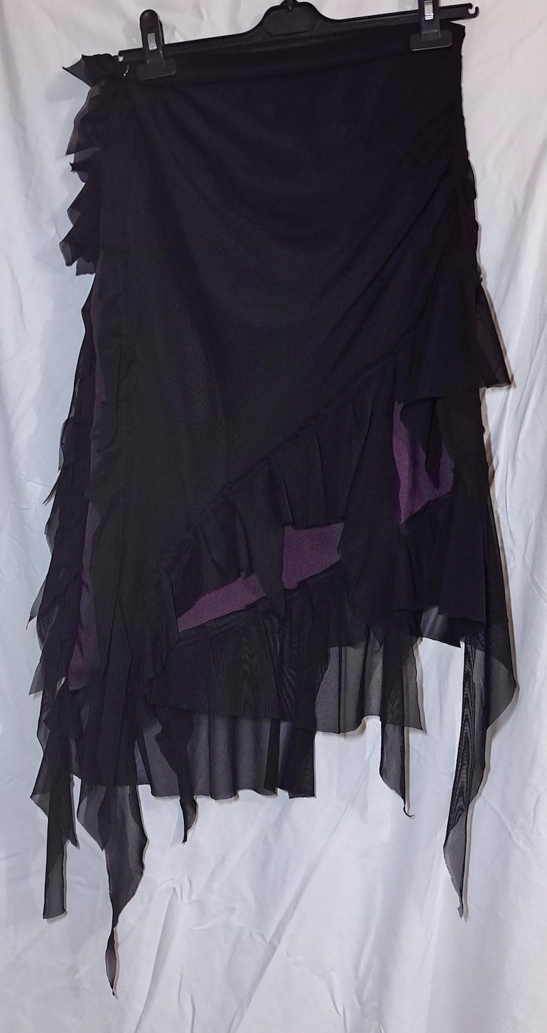 Whimsigoth Dark Purple Satin Skirt with Black Mesh Ruffles | Gothic Alt Fashion Asymmetrical Midi Skirt | Custom Size Handmade Witchy Skirt image 11