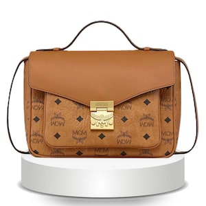 MCM Tracy Satchel Cognac Visetos Leather Designer Shoulder Crossbody Bag with Gold Hardware