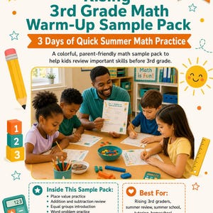 May include: A colorful educational sample pack for 3rd grade math, featuring a teacher and students working together. The pack includes practice for place value, addition, and word problems. The text reads "Rising 3rd Grade Math Warm-Up Sample Pack".