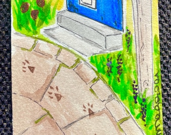 ACEO Acuarela original - Bigotes: un recorrido por el barrio - 'merodeador de la acera'