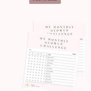 Könnte beinhalten: Ein druckbarer Selbstpflege-Tracker mit dem Text "Elegant Weekly Self-Care Tracker Printable". Das Design zeigt zwei Blätter mit den Worten "My Monthly Glowup Challenge" und einen Gewohnheitstracker.