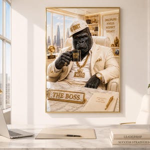 Könnte beinhalten: Ein gerahmtes Kunstwerk mit einem Gorilla in einem weißen Anzug und einer "G Unit"-Kappe, der eine Tasse mit "BOSS FUEL" hält. Der Gorilla trägt eine goldene Kette mit einem "KING"-Anhänger und eine goldene Uhr. Das Kunstwerk enthält den Text "THE BOSS" und "STRATEGY IN AN HOUR".