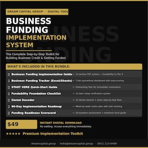 May include: A digital product advertisement with the title "BUSINESS FUNDING IMPLEMENTATION SYSTEM". The toolkit includes a guide, tracker, quick-start guide, checklist, decoder, roadmap, and scorecard. The price is $49.