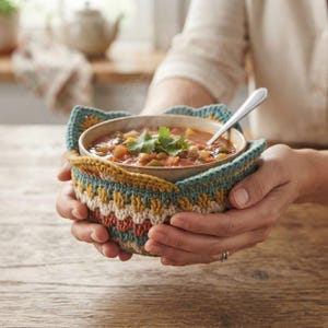 May include: A round ceramic bowl filled with vegetable soup and topped with fresh cilantro, held within a multi-colored crocheted bowl cozy featuring teal, mustard yellow, cream, and terracotta zigzag patterns and a scalloped edge.