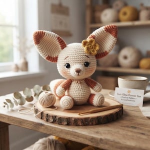 May include: A cream and rust-colored crochet fennec fox plush toy with large ears, a small yellow flower accessory, and black eyes. It sits on a round wooden slice next to a ball of yarn, a wooden crochet hook, and a card labeled Sun-Glow Fennec Fox.