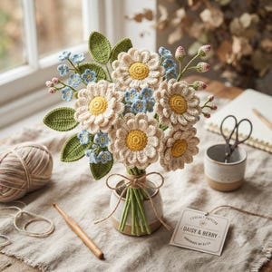 Pode incluir: Um buquê de crochê com margaridas cor de creme de centro amarelo, pequenas flores azuis e folhas verdes num vaso de cerâmica atado com cordel. Uma etiqueta diz "CROCHET PATTERN - DAISY & BERRY - HANDMADE BY ELIZA".