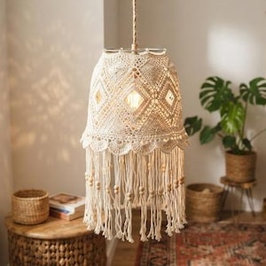 Boho Crochet Pendant Light Pattern, Modern Farmhouse Hanging Lamp Shade DIY, Textured Geometric Fiber Art Lighting PDF Tutorial