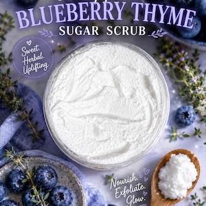 May include: A jar of white whipped sugar scrub with the text "Whipped Blueberry Thyme Sugar Scrub." Fresh blueberries and thyme sprigs surround the jar. The text "Sweet. Herbal. Uplifting." is also visible.
