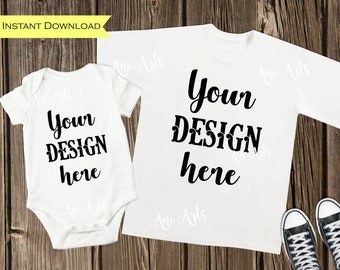 Download Free Matching White T-shirt and Baby Bodysuit MOCK UP Image JPEG File for Product Display Blank Short Sleeve Tee and Baby Body Suit Mockups PSD Template