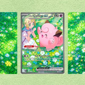 May include: A Pokémon trading card featuring Clefairy GX with a pink and brown design, and a character with blonde hair. The card has the text "Full Moon Rondo" and "Fairy Zone". The background is a green field with white and blue flowers.