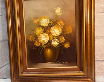 キャンバスに油彩、ヴィンテージ 1970 バラの花瓶を描いた、巧みに描か