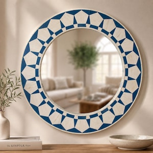 Geometric Bone Inlay Round Mirror | Moroccan Style Artisan Statement Decor