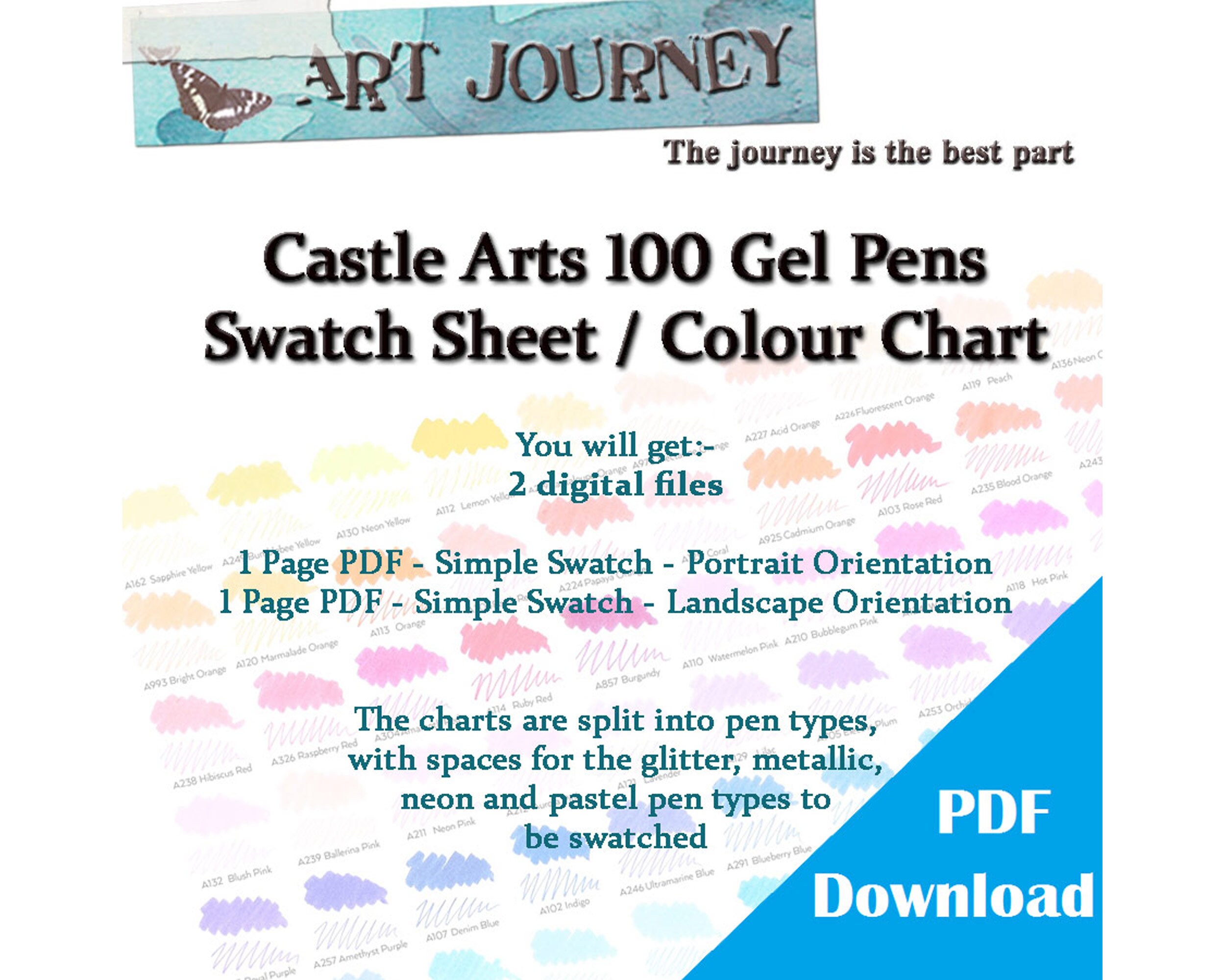 Castle Arts 100 Gel Pens Colour Chart Swatch Sheet Printable Etsy España