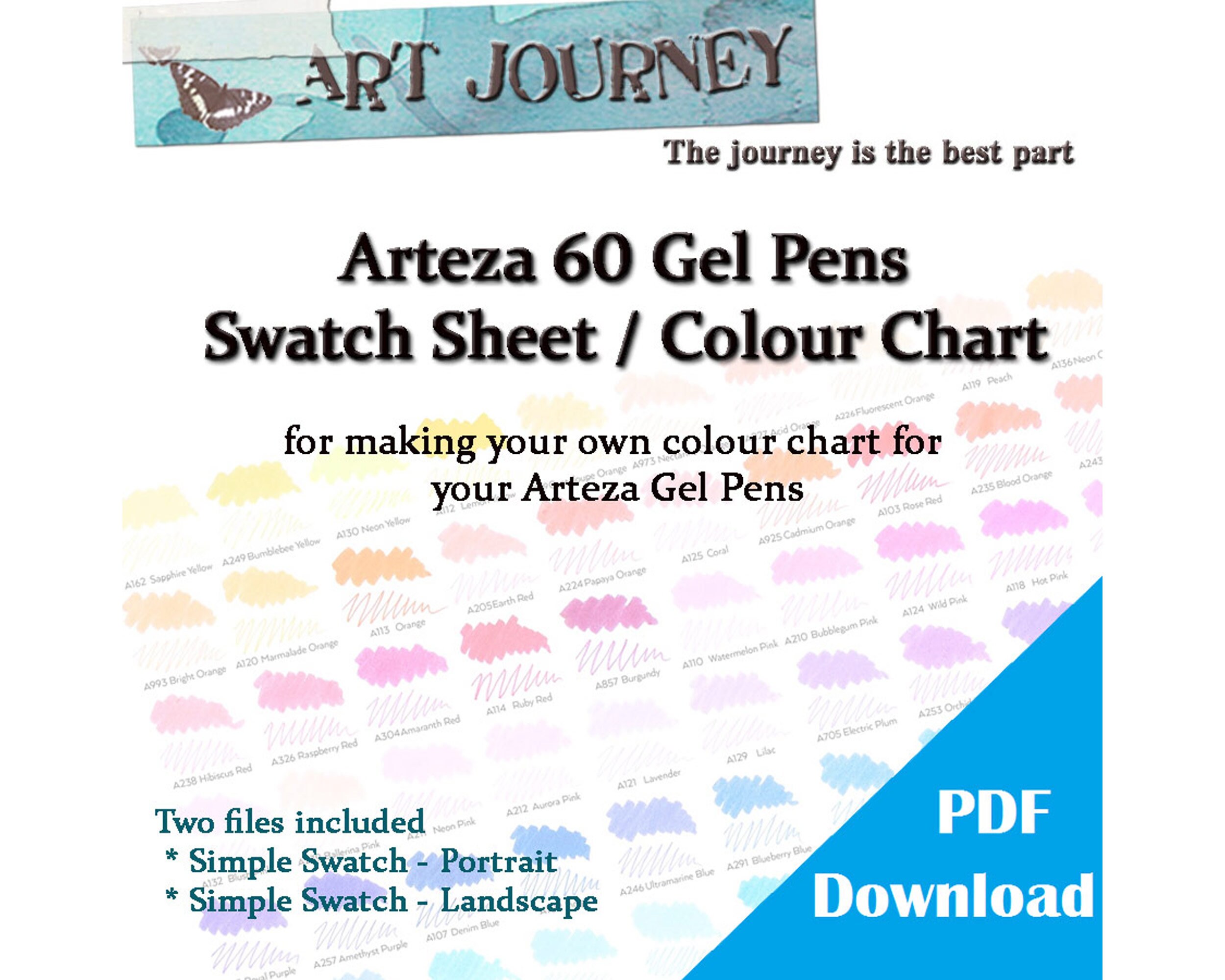 Arteza 60 Gel Pens Colour Chart Swatch Sheet Printable | Etsy