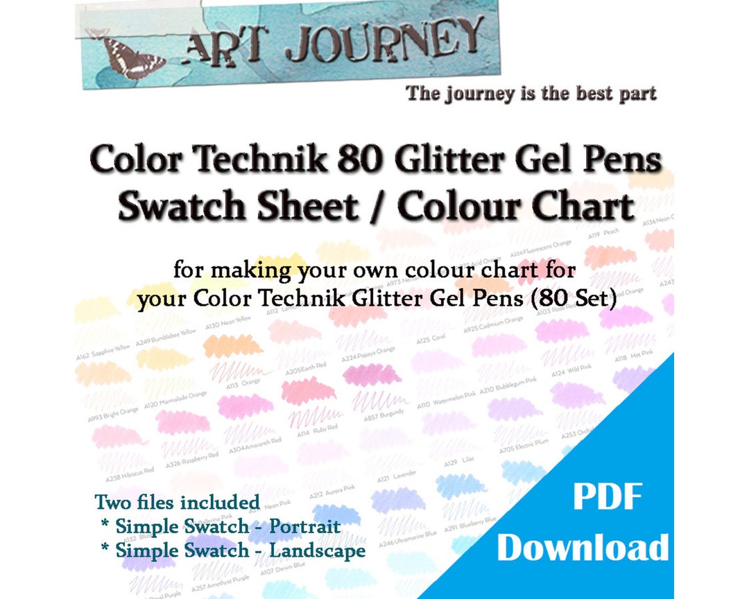 Colour Technik 80 Glitter Gel Pens Colour Chart Swatch Sheet Printable