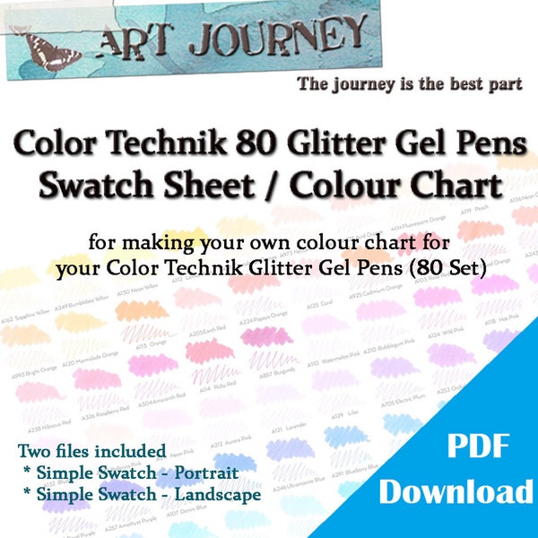 Colour Technik 80 Glitter Gel Pens Colour Chart Swatch Sheet | Printable Colouring Template | Color Tracker | Instant Download