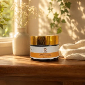 Op de afbeelding: Een cilindervormige pot Orhan Naturals Calendula Tallow met een glanzend gouden deksel. Het witte etiket heeft oranje accenten en zwarte tekst met de tekst Calendula Tallow, 100% Beef Tallow & Handmade en Net 1oz/30ml. De pot staat op een houten ondergrond.