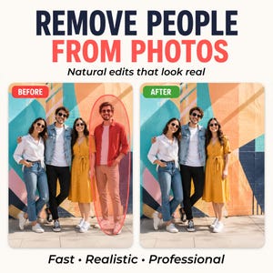 Pode incluir: Um anúncio de serviço digital intitulado REMOVE PEOPLE FROM PHOTOS com duas imagens lado a lado mostrando um antes e depois de um grupo de pessoas em frente a uma parede colorida, demonstrando a remoção de uma pessoa de camisa vermelha.