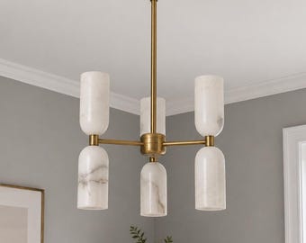 Alabaster Chandelier Light,  Handmade Modern Brass Pendant Lighting, Luxury Marble Ceiling Fixture for Dining Room Entryway