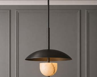 Blackened Brass Alabaster Pendant Light, Modern Dome Ceiling Lamp, Marble Hanging Fixture, Kitchen Island Dining Lighting