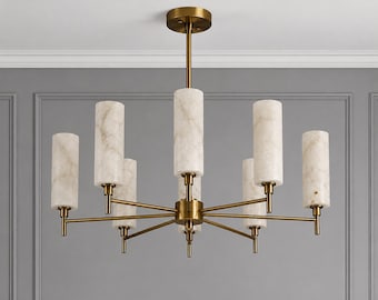Modern Alabaster Chandelier, 8 Arms Brass Ceiling Light, Handmade Stone Chandelier, Luxury Dining Room Light, Custom Lighting Fixture