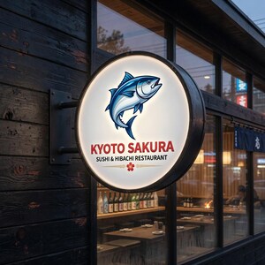 Puede incluir: Un letrero redondo e iluminado para el restaurante Kyoto Sakura Sushi & Hibachi. El letrero presenta una ilustraci&oacute;n de un pez azul sobre el nombre del restaurante en texto rojo. El letrero est&aacute; montado en un exterior de madera oscura.
