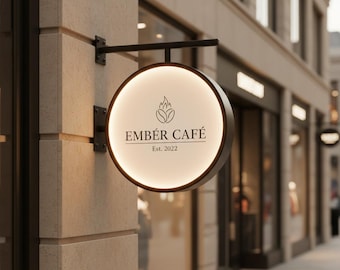 May include: A circular, wall-mounted, illuminated sign with a black frame. The sign features a black graphic of a flame above coffee beans, with the text "EMBÉR CAFÉ" and "Est. 2022" printed in black on a white, glowing, circular background.