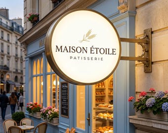 May include: A round, illuminated sign for Maison Étoile Patisserie featuring a wheat stalk graphic, mounted on a light blue storefront with a glass display of baked goods, a wicker basket of baguettes, and outdoor bistro seating.