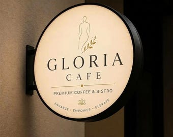 May include: A circular, wall-mounted, illuminated sign for Gloria Cafe. The sign features a cream-colored face with black text reading Gloria Cafe, Premium Coffee & Bistro, and the words Enhance, Empower, Elevate with a lotus icon.