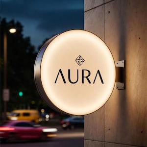Puede incluir: Un letrero redondo e iluminado con la palabra "AURA" en negro. El letrero est&aacute; montado en una pared de hormig&oacute;n. Un dise&ntilde;o geom&eacute;trico est&aacute; encima de la palabra. El fondo muestra una escena callejera al anochecer.
