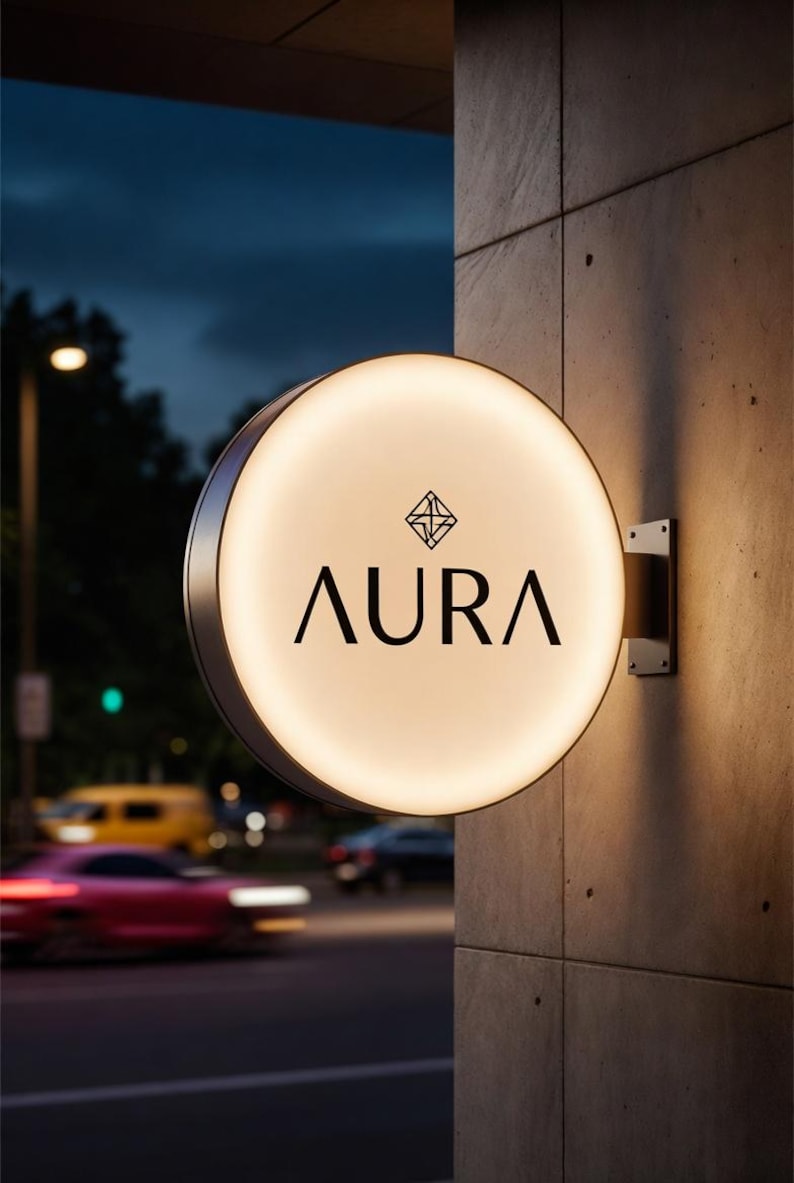 Puede incluir: Un letrero redondo e iluminado con la palabra "AURA" en negro. El letrero est&aacute; montado en una pared de hormig&oacute;n. Un dise&ntilde;o geom&eacute;trico est&aacute; encima de la palabra. El fondo muestra una escena callejera al anochecer.