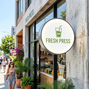 Puede incluir: Vista exterior de una barra de zumos con un letrero redondo e iluminado que dice "FRESH PRESS" en verde. El letrero presenta un icono de vaso de zumo verde. El edificio tiene grandes ventanales y una mujer pasa caminando con una bebida.