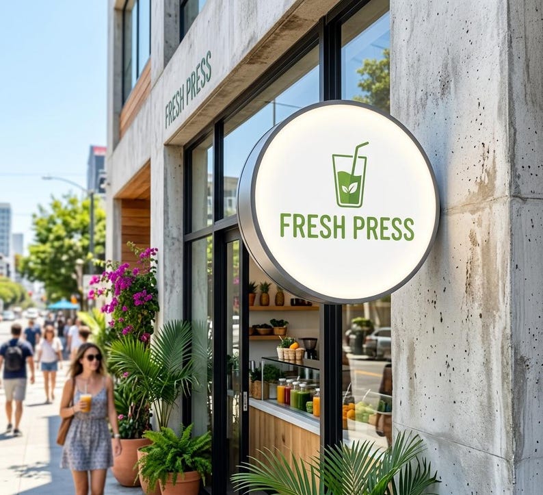 Puede incluir: Vista exterior de una barra de zumos con un letrero redondo e iluminado que dice "FRESH PRESS" en verde. El letrero presenta un icono de vaso de zumo verde. El edificio tiene grandes ventanales y una mujer pasa caminando con una bebida.