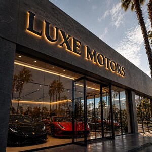May include: Exterior shot of a luxury car dealership, "LUXE MOTORS", with illuminated signage. The showroom features a black and a red sports car. Palm trees are visible in the background, reflecting in the glass windows.