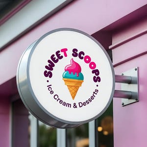 Puede incluir: Un letrero redondo e iluminado para "Sweet Scoops Ice Cream & Desserts" presenta un gr&aacute;fico de cono de helado colorido. El letrero est&aacute; montado en el exterior de un edificio rosa. El texto est&aacute; en una fuente l&uacute;dica con un esquema de color rosa y morado.