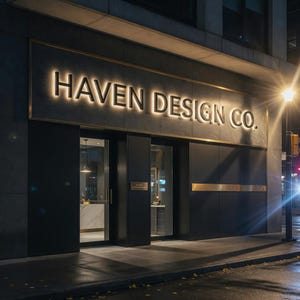 May include: Exterior view of a building at night with the illuminated text "HAVEN DESIGN CO." above the entrance. The building has dark gray walls, black doors, and gold trim. The entrance is flanked by glass windows.