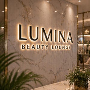 May include: A wall-mounted sign featuring the black text LUMINA BEAUTY LOUNGE with backlighting that creates a glowing halo effect. The sign is mounted on a polished white marble wall with grey veining and gold-toned vertical trim accents.