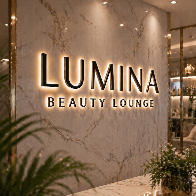 May include: A wall-mounted sign featuring the black text LUMINA BEAUTY LOUNGE with backlighting that creates a glowing halo effect. The sign is mounted on a polished white marble wall with grey veining and gold-toned vertical trim accents.