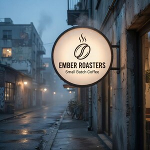 Puede incluir: Un letrero redondo e iluminado para "Ember Roasters Small Batch Coffee" cuelga de un edificio de ladrillo. El letrero presenta un gr&aacute;fico de grano de caf&eacute; y est&aacute; montado con soportes de metal negro. El fondo muestra una escena de calle urbana mojada.