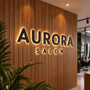 May include: The word "AURORA SALON" is displayed in black, illuminated letters against a wooden wall. The letters are outlined with a warm, golden light, creating a striking contrast. The salon's interior is visible in the background.